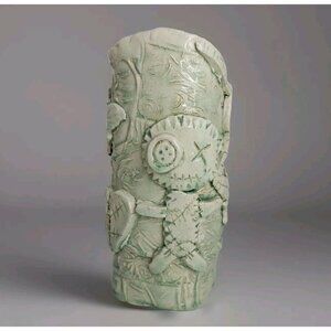 Slab Thrown Clay Art Pottery Sculpture Zombie Vase Coraline Green Glazed Tiki